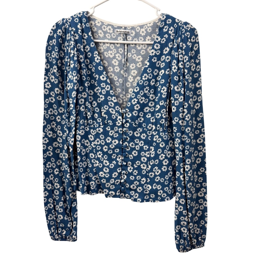 Reformation Blue Daisy Floral Button Front V-Neck Peplum Top Small Long Sleeve